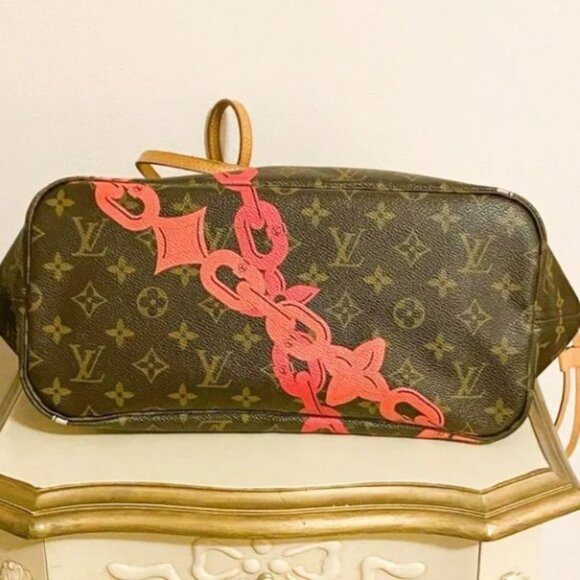Louis Vuitton Neverfull MM Bag Bay Brown Pink Rose Ballerine Chain Tote Purse - Picture 9 of 12